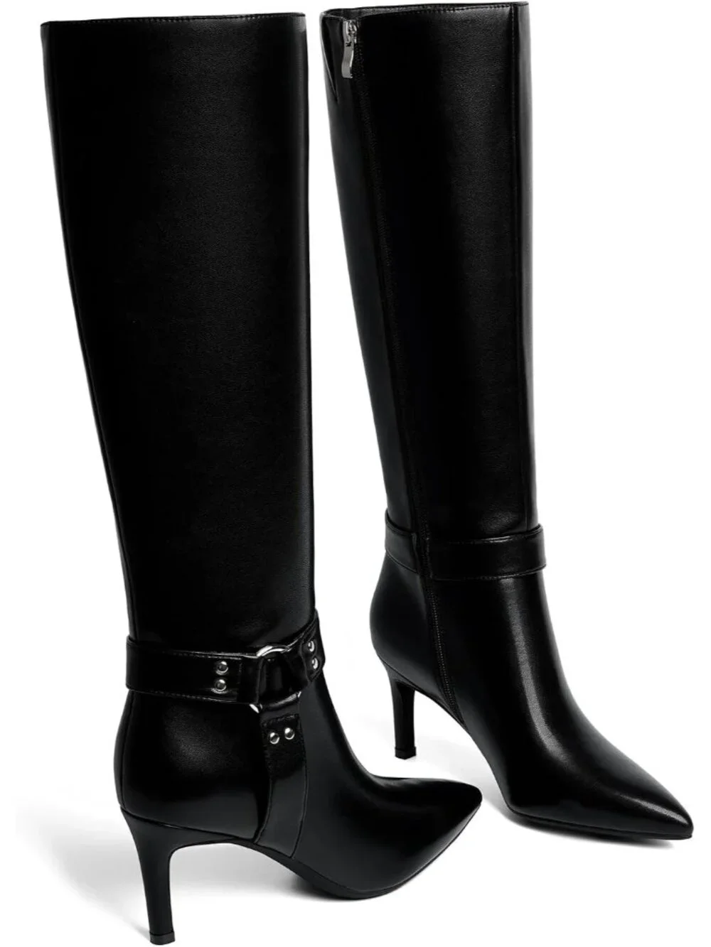 Women's Black Buckle Pointed Toe Faux Leather Stiletto Heel Over The Knee Boots